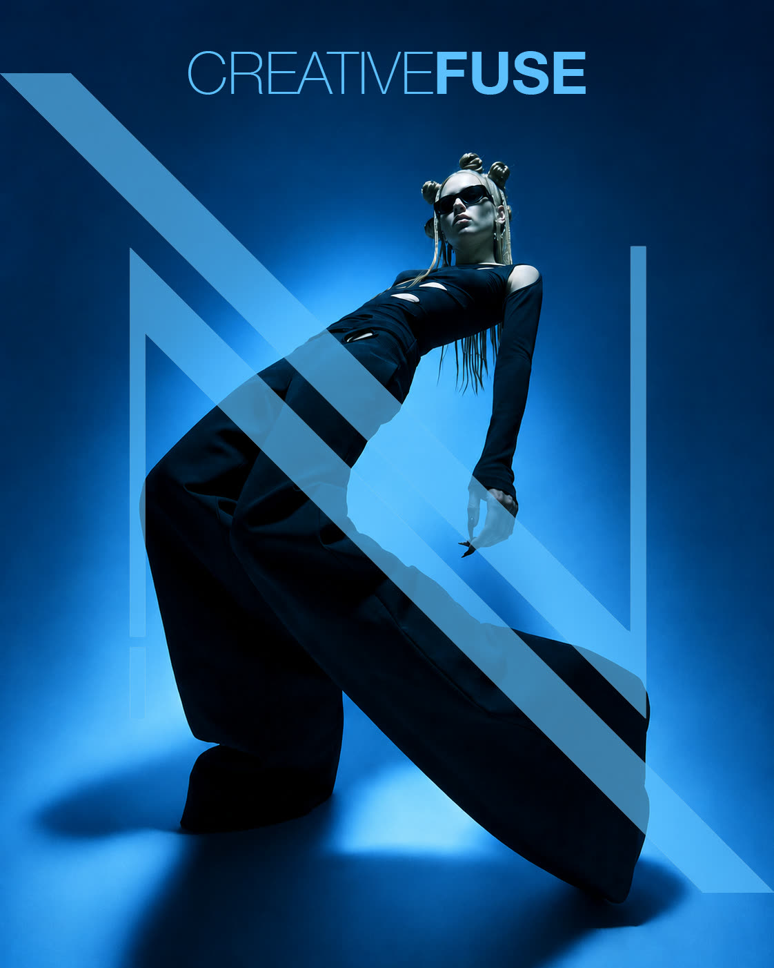 Creative Fuse poster: a model with sculpted hair and sunglasses leaning back in a blue-lit studio, with the AndNow N across the frame