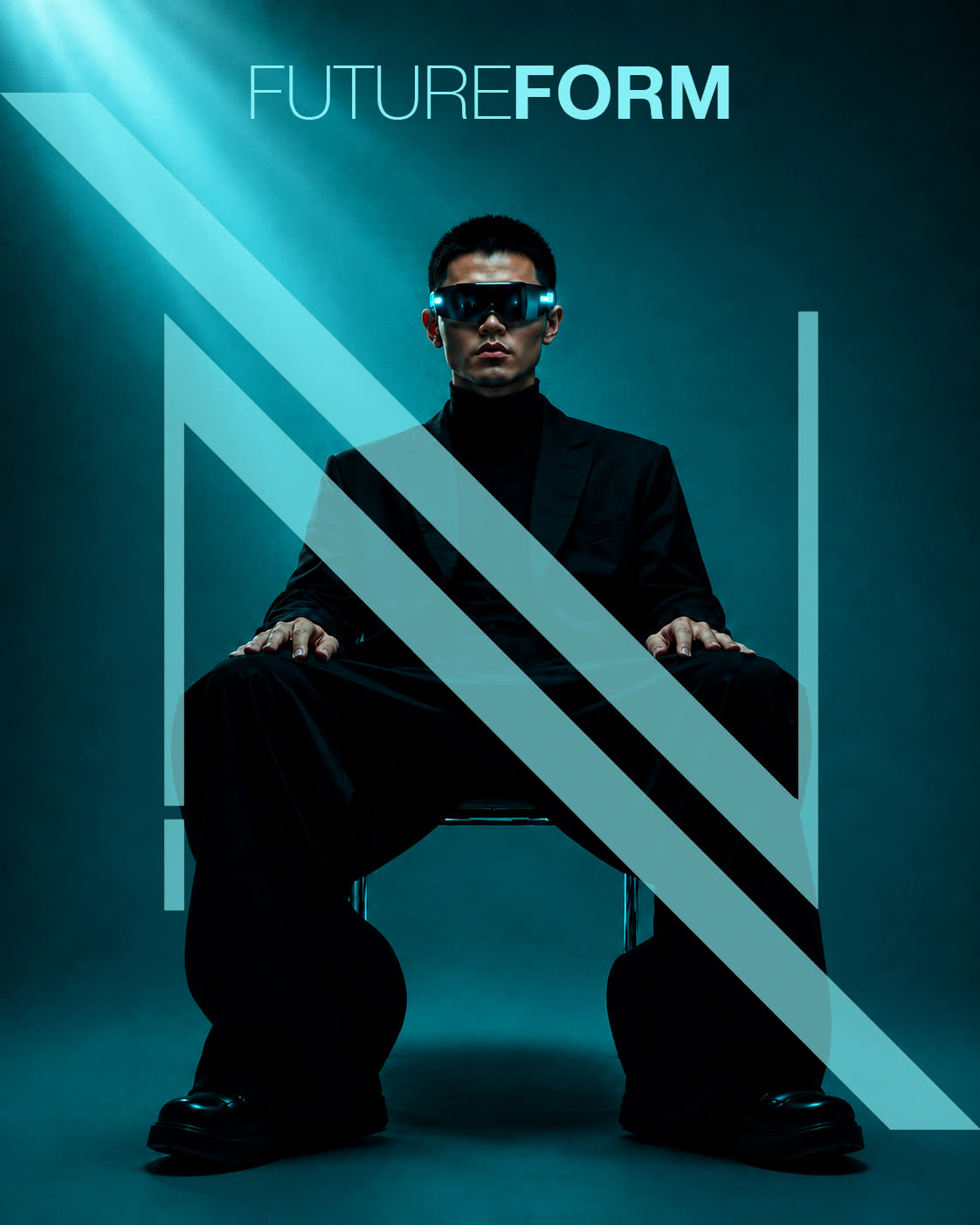Future Form poster: a figure in a dark suit and glowing visor seated in teal light, with the AndNow N across the frame