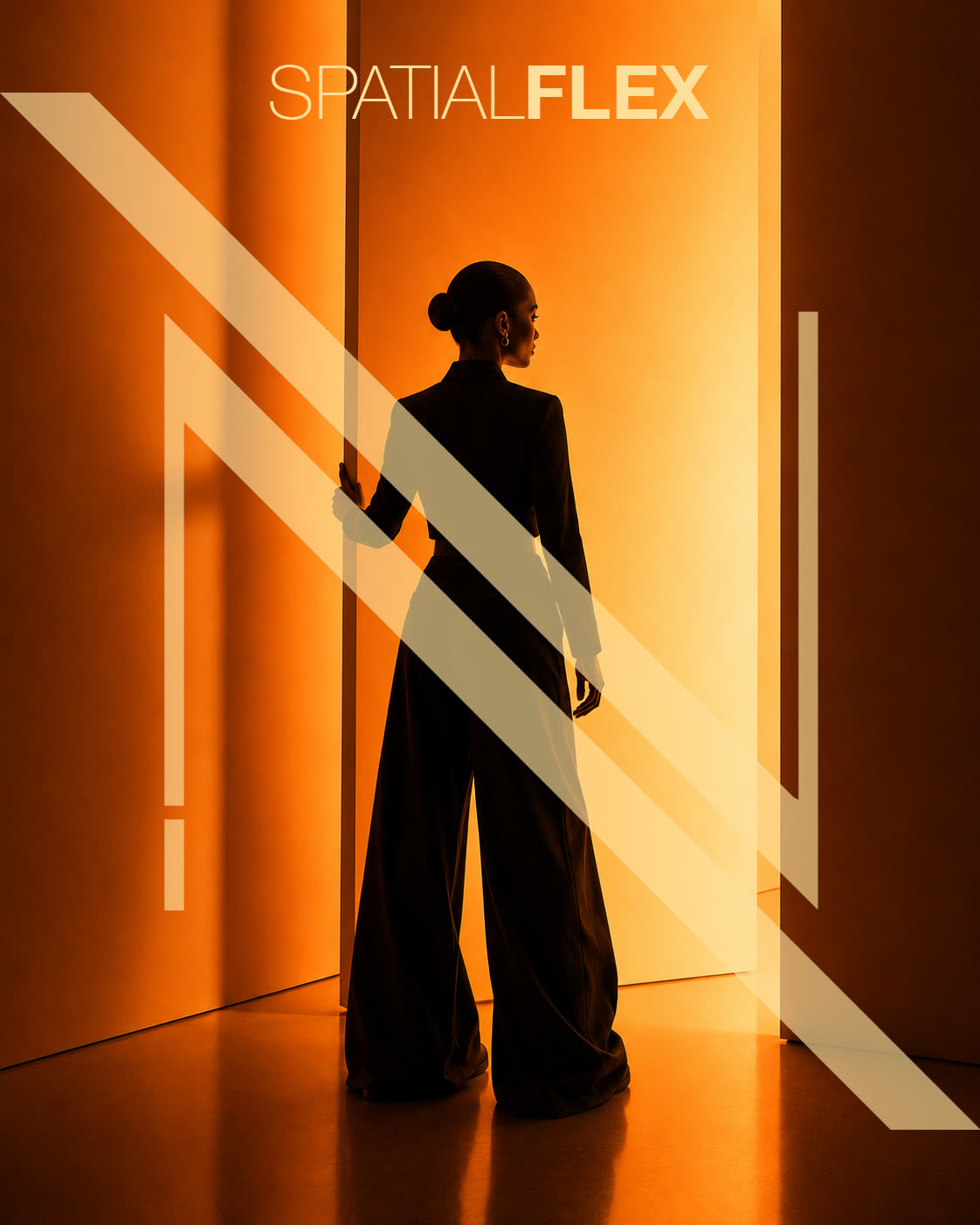 Spatial Flex poster: a figure in wide-legged trousers standing at a glowing orange doorway, with the AndNow N across the frame