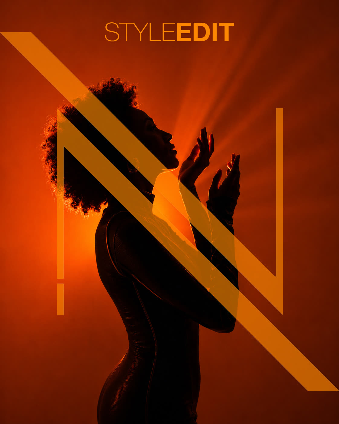 Style Edit poster: the silhouette of a woman with curly hair and raised hands, backlit in orange light, with the AndNow N across the frame