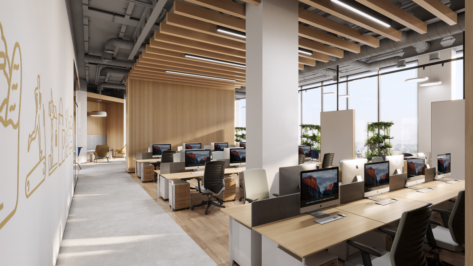 Open-plan office with rows of desks, a timber baffle ceiling and floor-to-ceiling windows