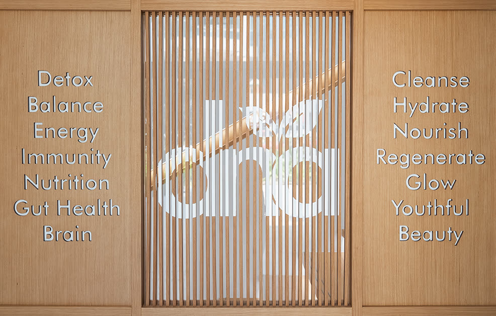Backlit timber slat screen with the DNA logo and a column of wellness words on each side